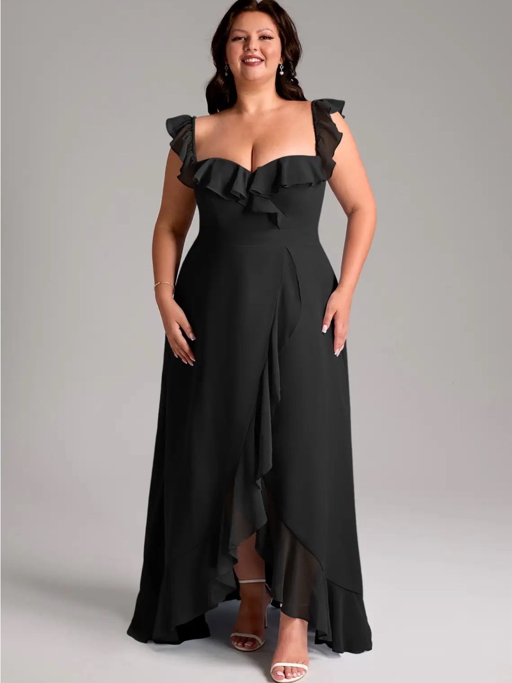 Azazie Black One-Shoulder Ruffle Wrap Evening Gown